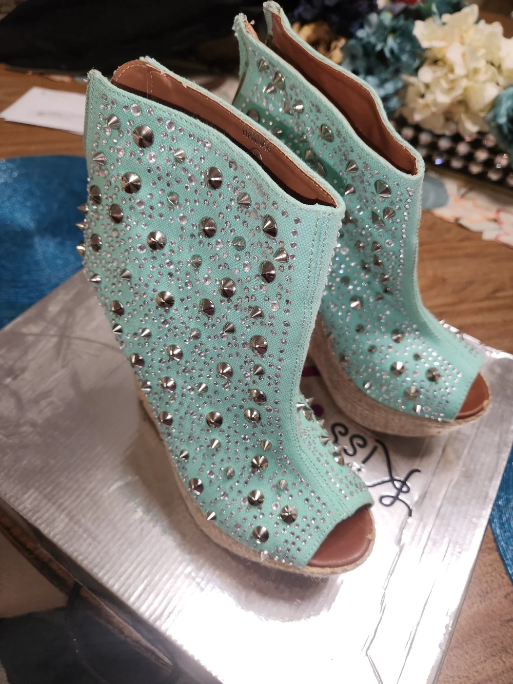 Mint Studded Peep-Toe Booties - Women